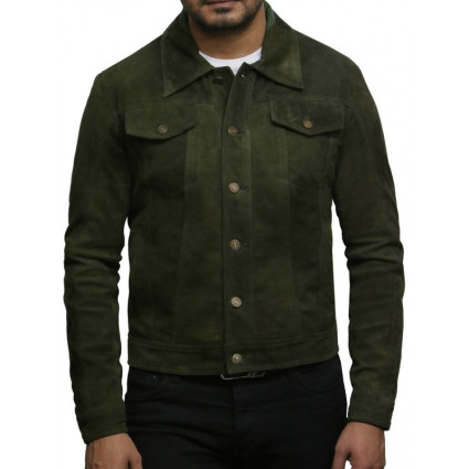 Brandslock Men's Leather Biker Jacket Trucker Casual Green Goat Suede Leather Shirt Denim Jeans Style