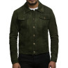 Brandslock Men's Leather Biker Jacket Trucker Casual Green Goat Suede Leather Shirt Denim Jeans Style