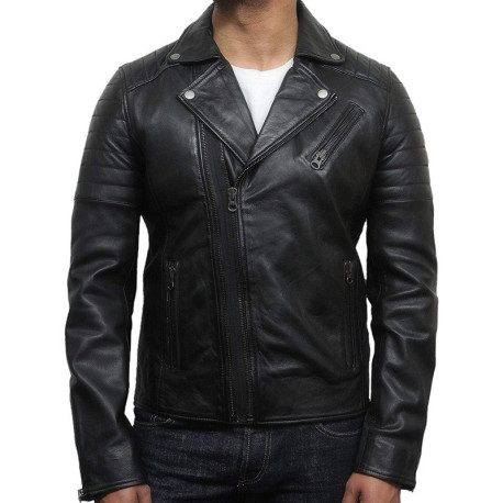 Mens Black Biker Leather Jacket Stylish ziped Look -Grady
