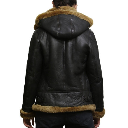 Ladies Women's Hooded Aviator Real Shearling Sheepskin Flying Leather Jacket Coat-Callie
