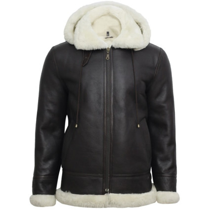 Men's Hooded Aviator Real Shearling Sheepskin Leather Bomber Flying Jacket