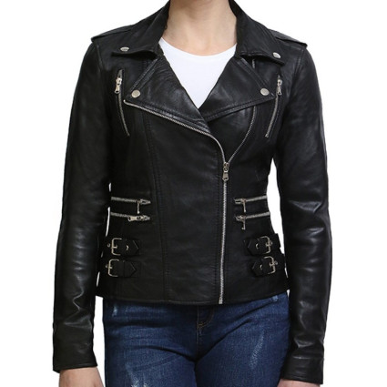 Women Waxed Teal Leather Biker Jacket - Moss