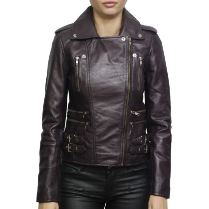 Women Waxed Teal Leather Biker Jacket - Moss