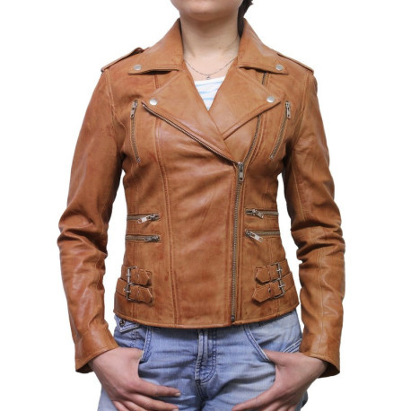 Women Waxed Teal Leather Biker Jacket - Moss