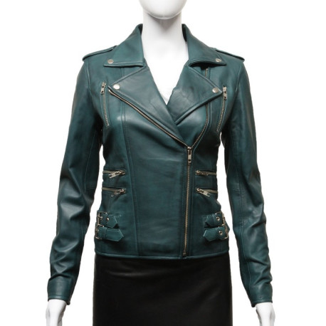 Ladies Tan Leather Biker Jacket - Moss