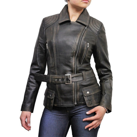 Ladies Women Stylish Olive Leather Biker Jacket-Kate
