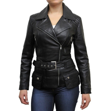 Ladies Women Stylish Olive Leather Biker Jacket-Kate