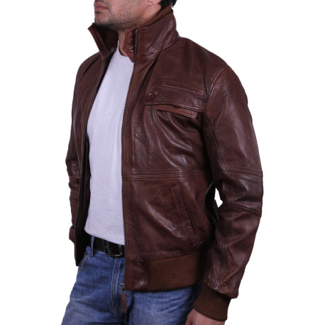 Men's Brown Leather Bomber Jacket - Falcon