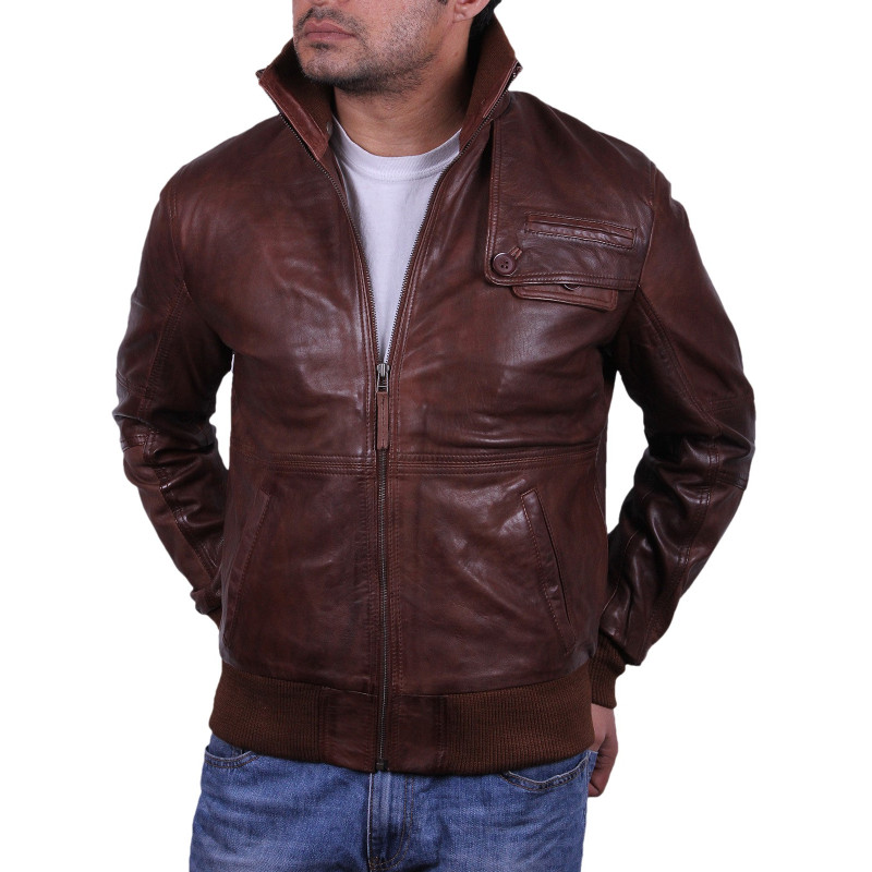 Men's Brown Leather Bomber Jacket - Falcon