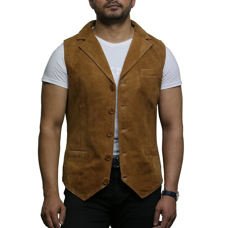 Men's Smooth Goat Suede Classic Smart Tan Leather Waistcoat 