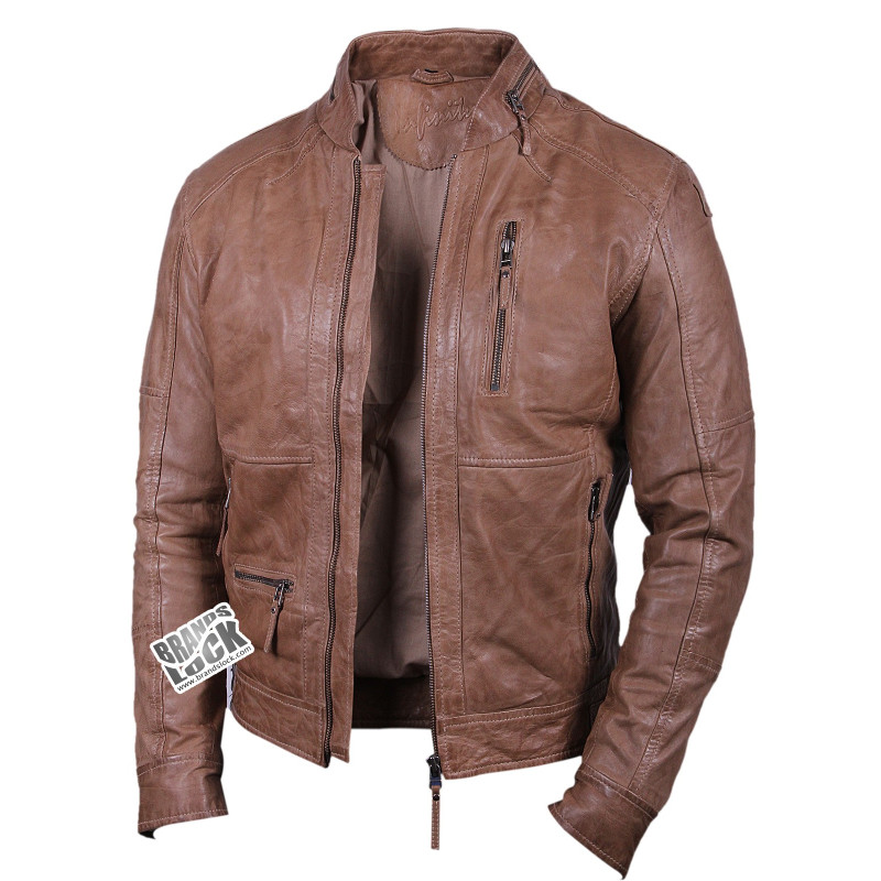 Men's Camel Leather Biker Jacket - Calvin - Brandslock