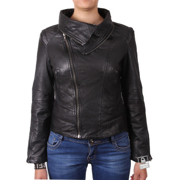 Ladies Black Leather Biker Jacket - Charm