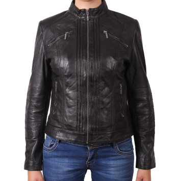 Ladies Black Leather Biker Jacket - Sophie