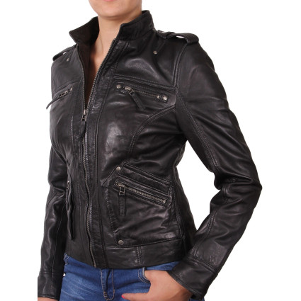 Ladies Black Leather Biker Jacket - Malibu