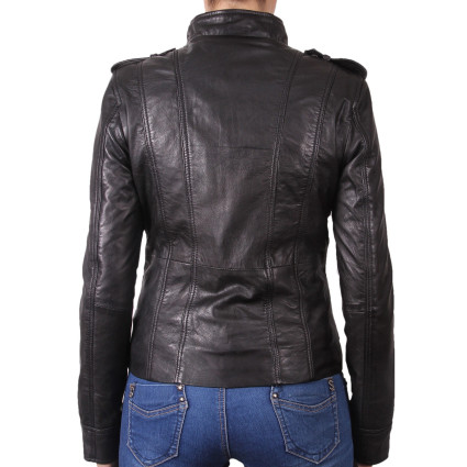 Ladies Black Leather Biker Jacket - Malibu