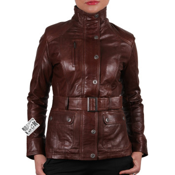 Ladies Brown Leather Biker Jacket - Silic