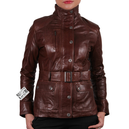 Ladies Brown Leather Biker Jacket - Silic