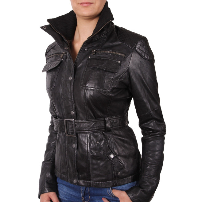Ladies Black Leather Long Jacket - Elfie