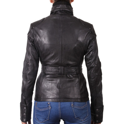 Ladies Black Leather Long Jacket - Elfie