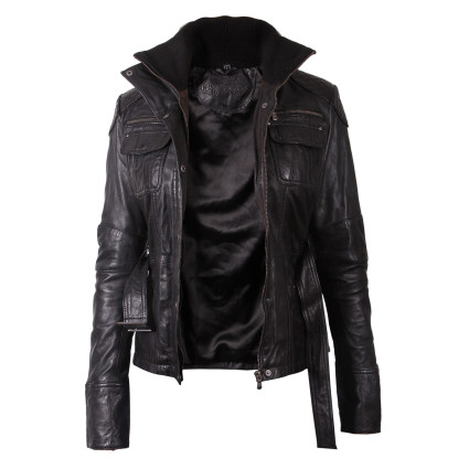 Ladies Black Leather Long Jacket - Elfie