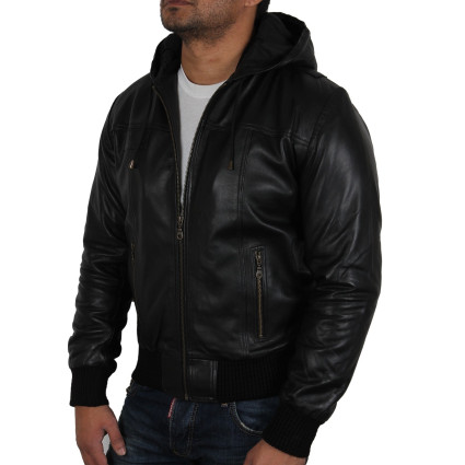 Men’s Burgundy Leather Hooded Jacket - Troy