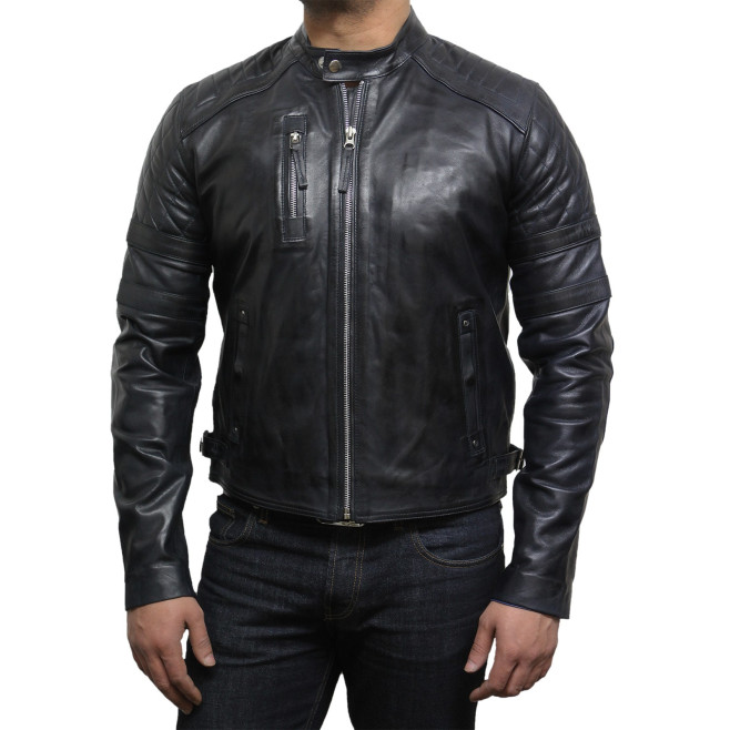 Men's Leather Biker Jacket Navy - Cary