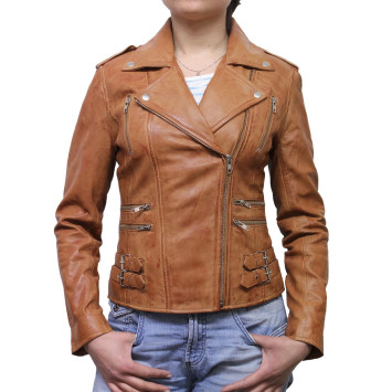 Ladies Tan Leather Biker Jacket - Moss