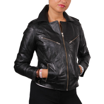 Ladies Black Leather Biker Jacket - Kristy