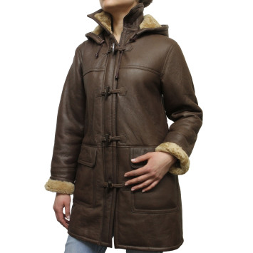 Leather Sheepskin Shearling Coat Womens | B3 WW2 Aviator Flying Merino Shearling Hooded Duffle Coat