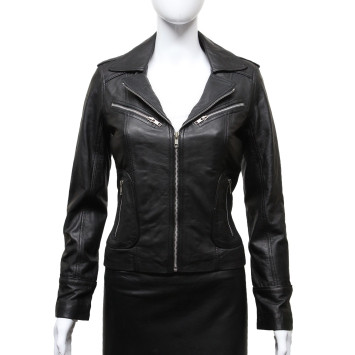 Ladies Women's Black Vintage Real Leather Biker Jacket-Hannah