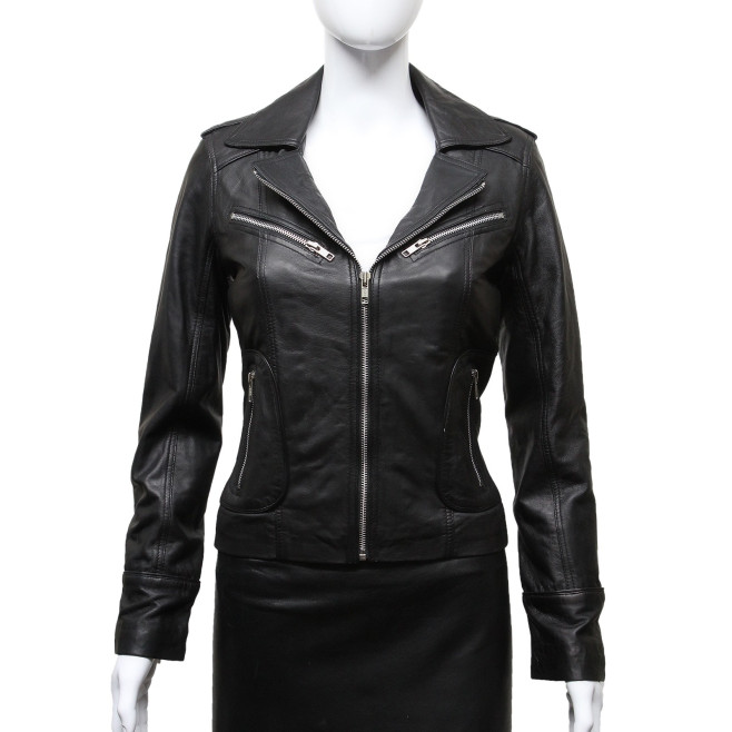 Ladies Women's Black Vintage Real Leather Biker Jacket-Hannah