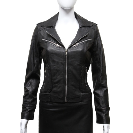 Ladies Women's Black Vintage Real Leather Biker Jacket-Hannah