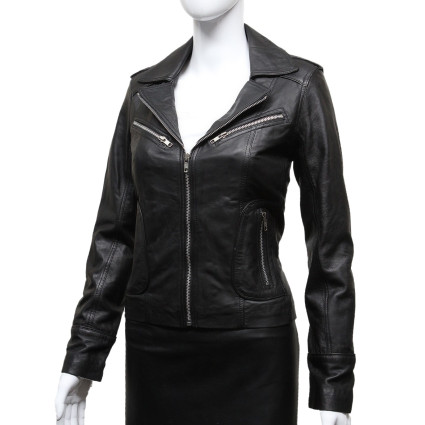Ladies Women's Black Vintage Real Leather Biker Jacket-Hannah