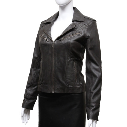 Ladies Women's Brown Vintage Real Leather Biker Jacket-Hannah