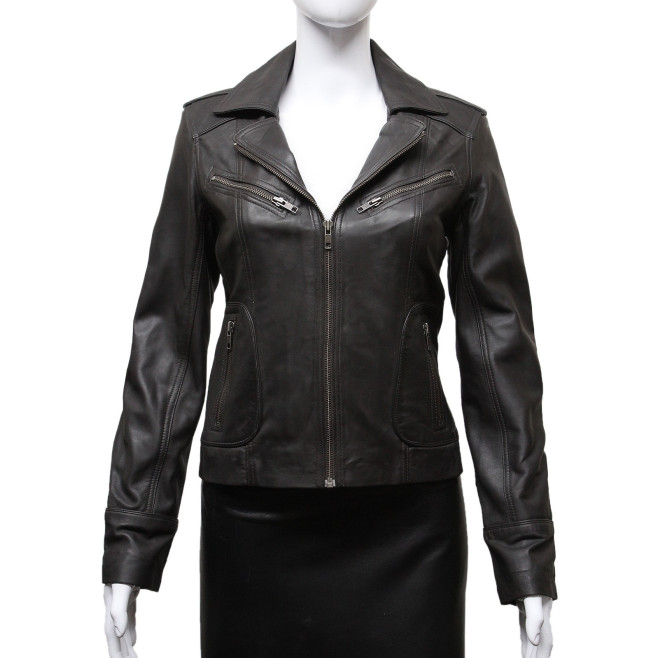 Ladies Women's Brown Vintage Real Leather Biker Jacket-Hannah