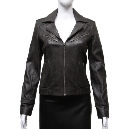 Ladies Women's Brown Vintage Real Leather Biker Jacket-Hannah