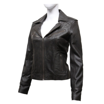Ladies Women's Brown Vintage Real Leather Biker Jacket-Hannah