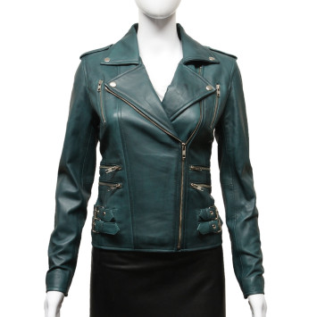 Women Waxed Teal Leather Biker Jacket - Moss