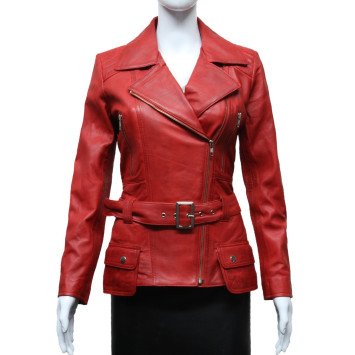 Ladies Women Stylish Red Leather Biker Jacket-Kate