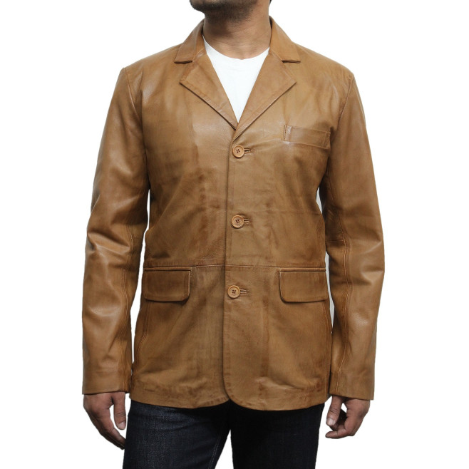 Men's Tan Leather Blazer Jacket - Andre