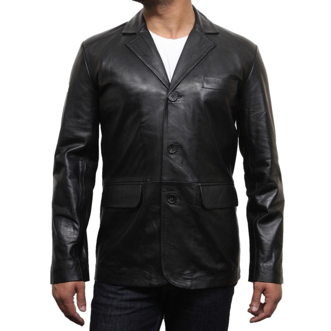 Men's Black Leather Blazer - Typo