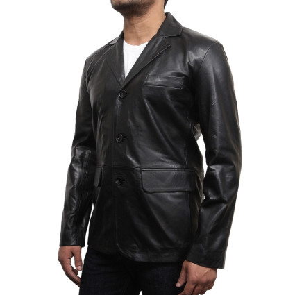 Men's Black Leather Blazer - Typo