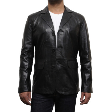 Men's Black Leather Blazer - Typo