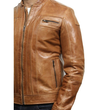 Men's Tan  Leather Biker Jacket Iconic Style- Bryan