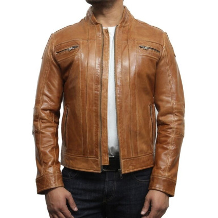 Men's Tan  Leather Biker Jacket Iconic Style- Bryan