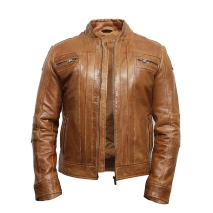 Men's Tan  Leather Biker Jacket Iconic Style- Bryan