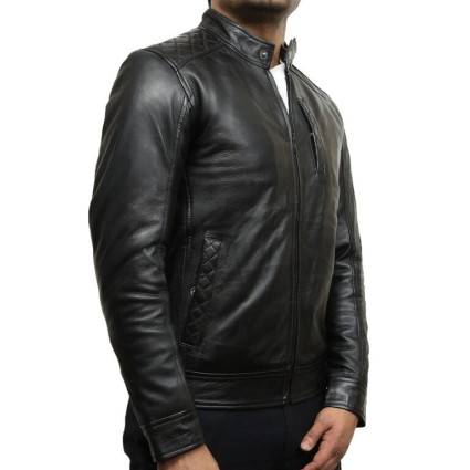 Mens Black Leather Biker Jacket Crinkle Retro - Derek