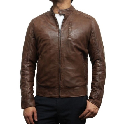 Mens Brown Leather Biker Jacket Crinkle Retro - Derek