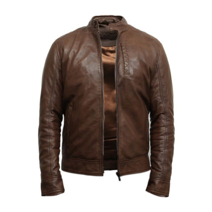 Mens Brown Leather Biker Jacket Crinkle Retro - Derek