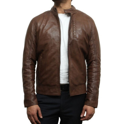 Mens Brown Leather Biker Jacket Crinkle Retro - Derek